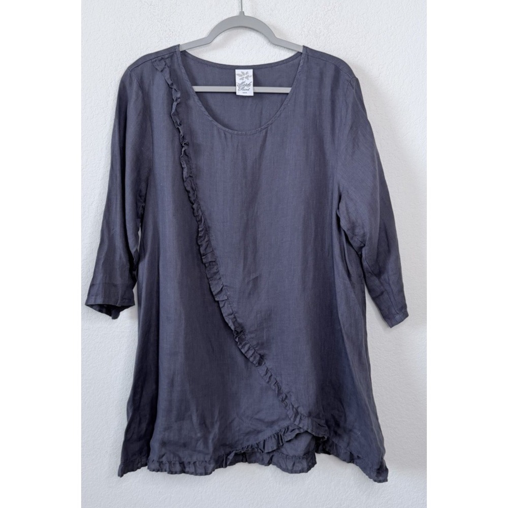 Match Point 100% Linen Tunic Top M Gray Ruffle Lagenlook Boho Artsy Made In USA